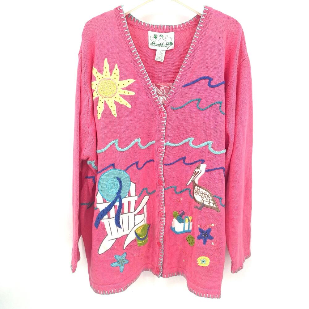 The Quacker Factory women’s embroidered beach sea life button front cardigan.